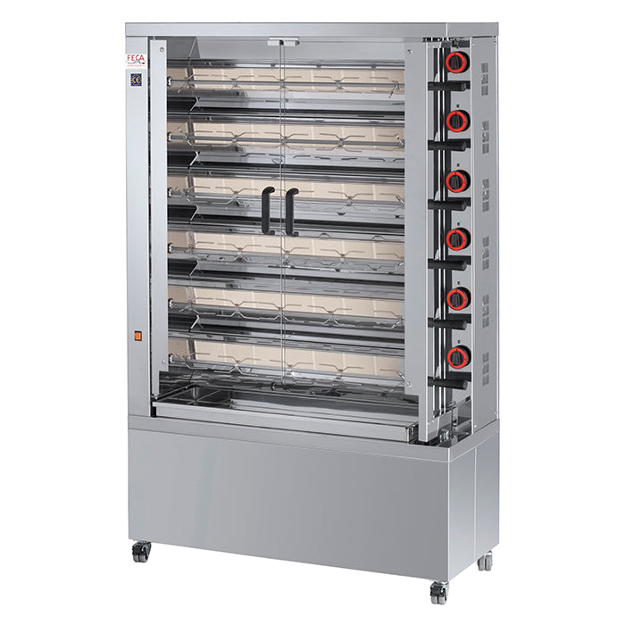 Asador de pollos profesional 630-EKO con capacidad para 30-36 pollos, ideal para hostelería y negocios de comida para llevar. Alta eficiencia energética y fácil limpieza.
