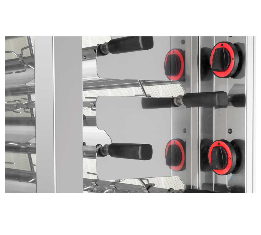 Asador de pollos profesional 630-EKO con capacidad para 30-36 pollos, ideal para hostelería y negocios de comida para llevar. Alta eficiencia energética y fácil limpieza.