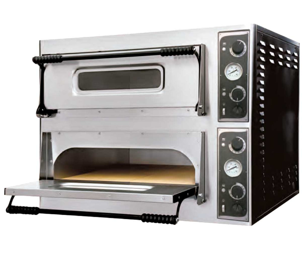 Horno de pizza 6+6 B-66 GRANITA de doble cámara. Capacidad para 12 pizzas, con panel de control digital y puertas de cristal.