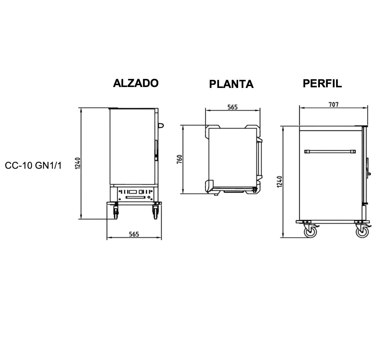 Carro caliente profesional Eratos modelo CC-10GN1-1 de acero inoxidable, ideal para mantener bandejas GN a temperatura óptima en servicios de catering y restaurantes