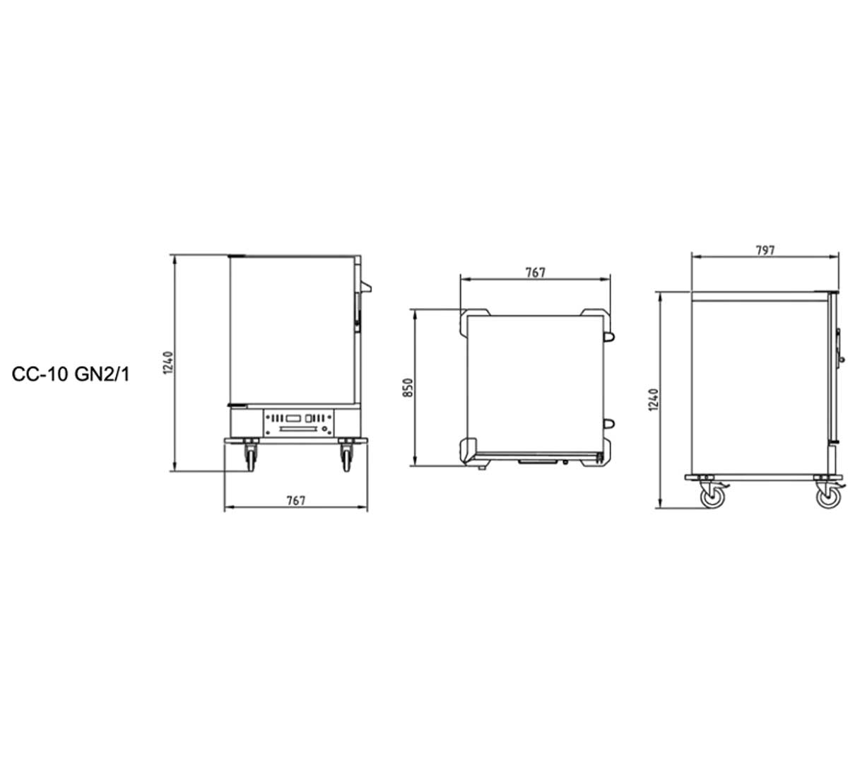 Carro caliente profesional Eratos modelo CC-10GN2-1_1 de acero inoxidable, con doble compartimento para bandejas GN, ideal para mantener grandes volúmenes de alimentos a temperatura óptima en eventos y servicios de catering