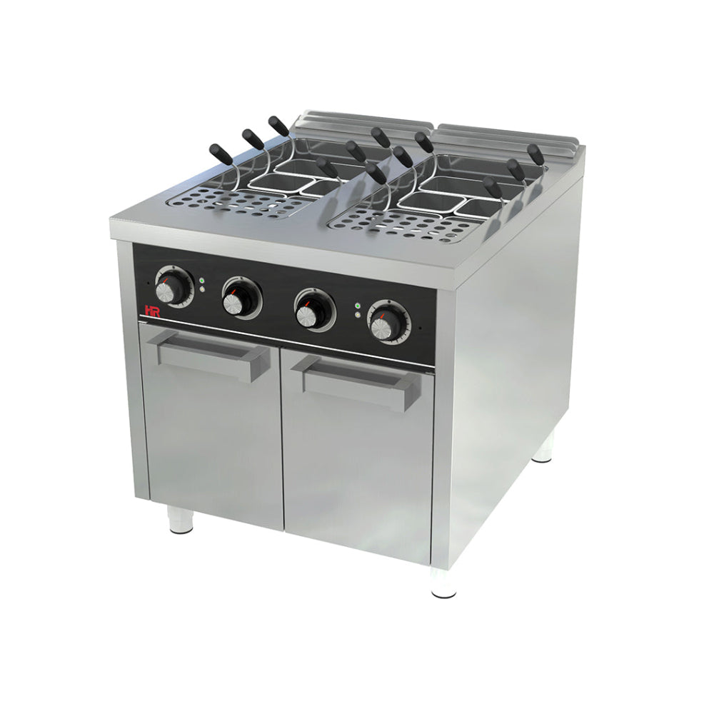 Cuecepastas doble de 40+40 litros con mueble de estante. Incluye cestas individuales para cocción simultánea de diferentes pastas. Ideal para grandes volúmenes de producción en hostelería.