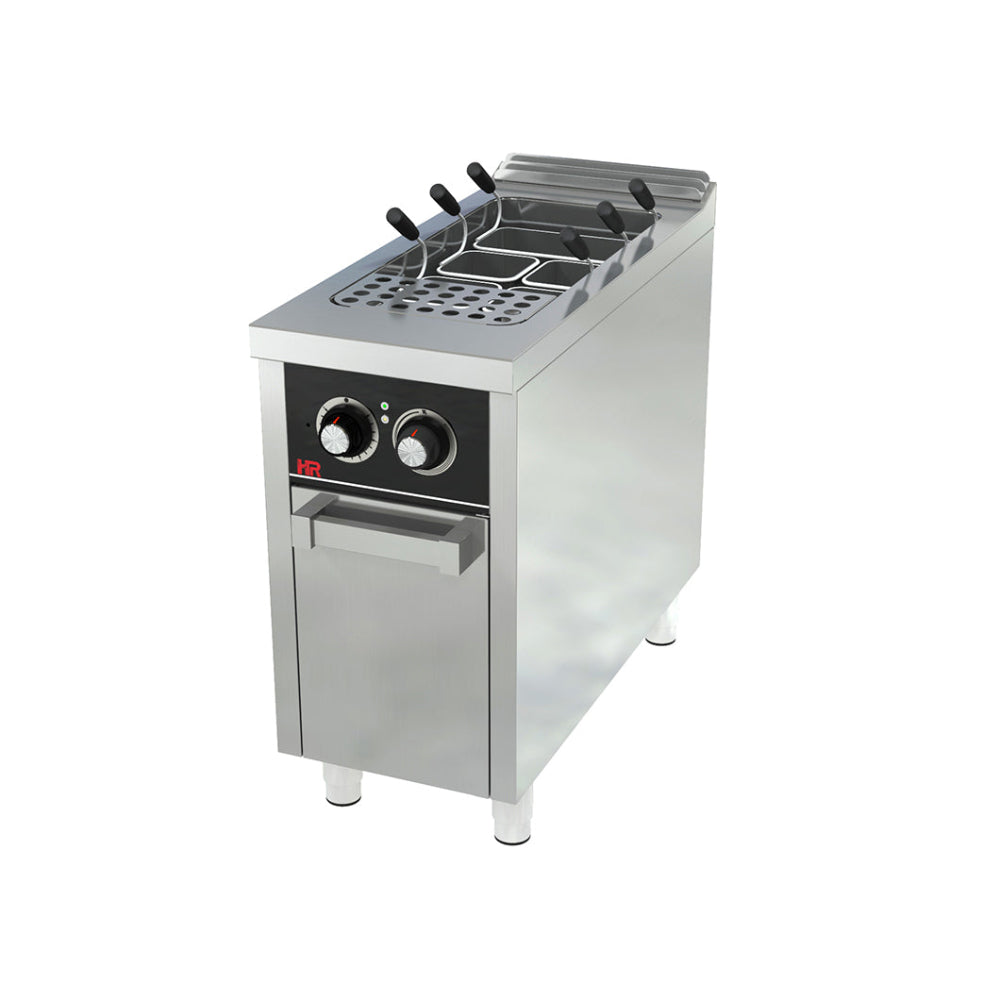Cuecepastas eléctrico de 40 litros con mueble de estante. Incluye cestas perforadas para cocción de diferentes tipos de pasta. Ideal para hostelería de gran volumen.