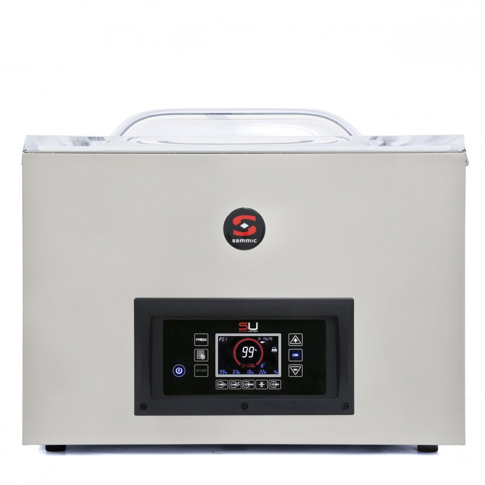 Envasadora al vacío industrial Sammic SU-520P-CC de campana, ideal para hostelería y grandes producciones. Su diseño robusto y tecnología avanzada garantizan un sellado perfecto para conservar alimentos frescos y prolongar su vida útil.