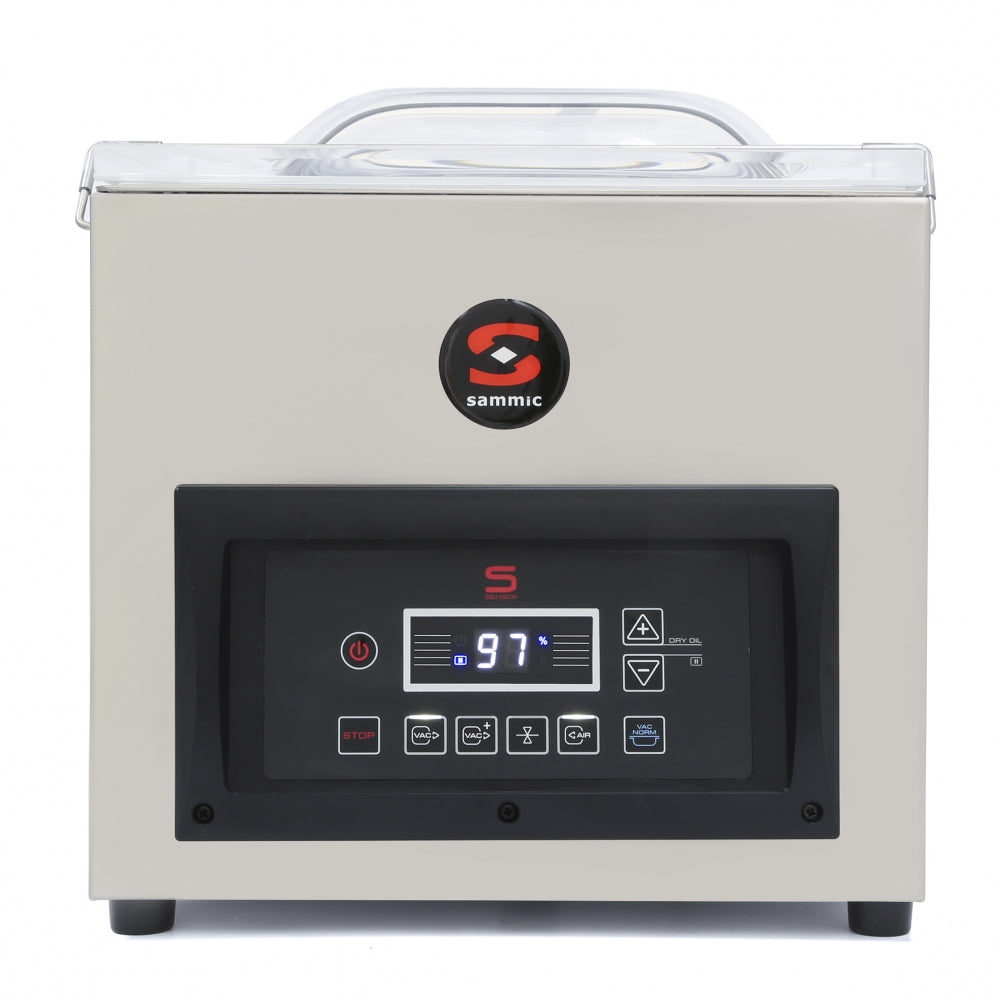 Envasadora al vacío industrial Sammic SE-310, un equipo versátil y potente para uso profesional en hostelería y comercios. Su tamaño compacto la hace ideal para espacios reducidos, mientras que su eficacia garantiza una conservación óptima de los alimentos.