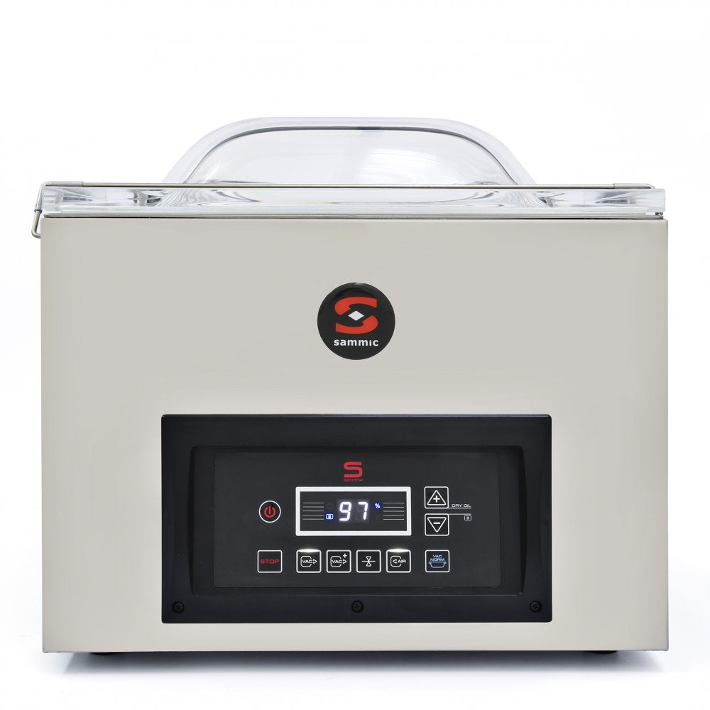 Envasadora al vacío industrial Sammic SE-416, diseñada para el alto rendimiento en cocinas profesionales y establecimientos de hostelería. Perfecta para optimizar la conservación de alimentos, prolongando su frescura y sabor.