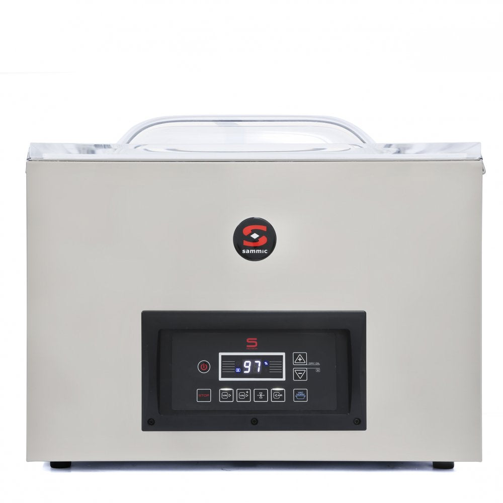 Envasadora al vacío industrial Sammic SE-520L con barra de sellado larga, ideal para envasar productos grandes o múltiples bolsas simultáneamente. Perfecta para cocinas profesionales y hostelería, asegura la conservación óptima de alimentos y optimiza la productividad.