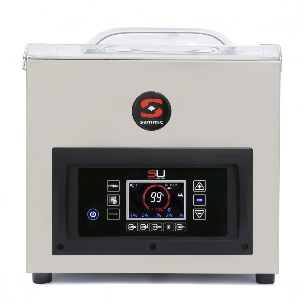 Envasadora al vacío industrial Sammic SU-316P, compacta y de sobremesa, ideal para restaurantes y pequeños negocios. Perfecta para el envasado profesional de alimentos, garantiza una conservación óptima y prolonga la vida útil de los productos.