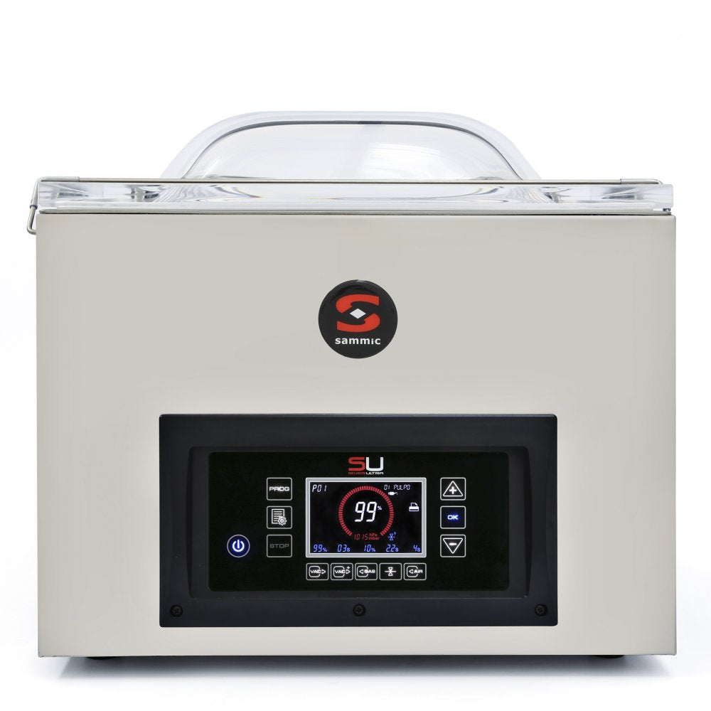 Envasadora al vacío industrial Sammic SU-420P, un equipo robusto y fiable para uso intensivo en cocinas profesionales. Su diseño de sobremesa y potente bomba garantizan un envasado eficiente y la conservación óptima de una amplia variedad de alimentos.