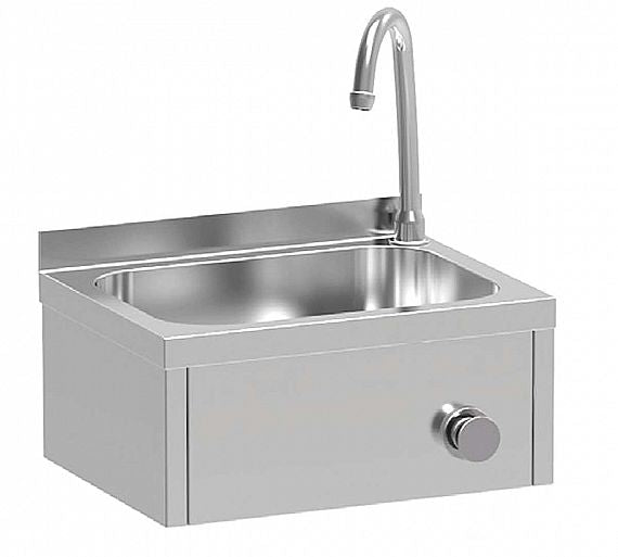 Lavamanos de pedal LM-43 profesional en acero inoxidable, ideal para cocinas industriales, bares, restaurantes y entornos que requieren máxima higiene. Incluye grifo y válvula, diseñado para un uso sin contacto y fácil limpieza.