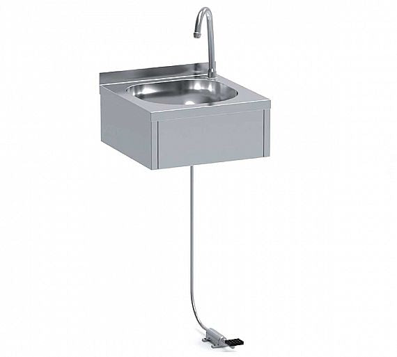 Lavamanos de pared LMP-44 profesional en acero inoxidable con accionamiento por pedal. Ideal para cocinas de hostelería, bares y restaurantes que requieren máxima higiene y uso sin manos. Incluye grifo de caño alto y válvula para fácil instalación.
