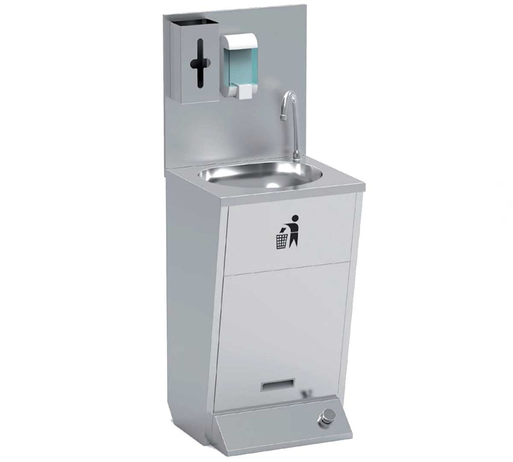 Lavamanos industrial de pared Eratos modelo LP54P de acero inoxidable, con grifo mezclador y faldón trasero, ideal para cocinas comerciales o áreas de preparación de alimentos