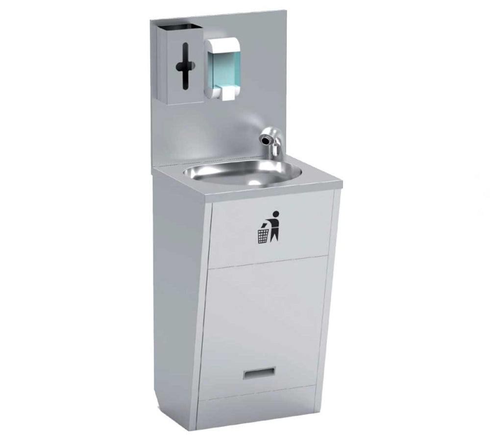 Lavamanos de pared LMP-44 profesional en acero inoxidable con accionamiento por pedal. Ideal para cocinas de hostelería, bares y restaurantes que requieren máxima higiene y uso sin manos. Incluye grifo de caño alto y válvula para fácil instalación.
