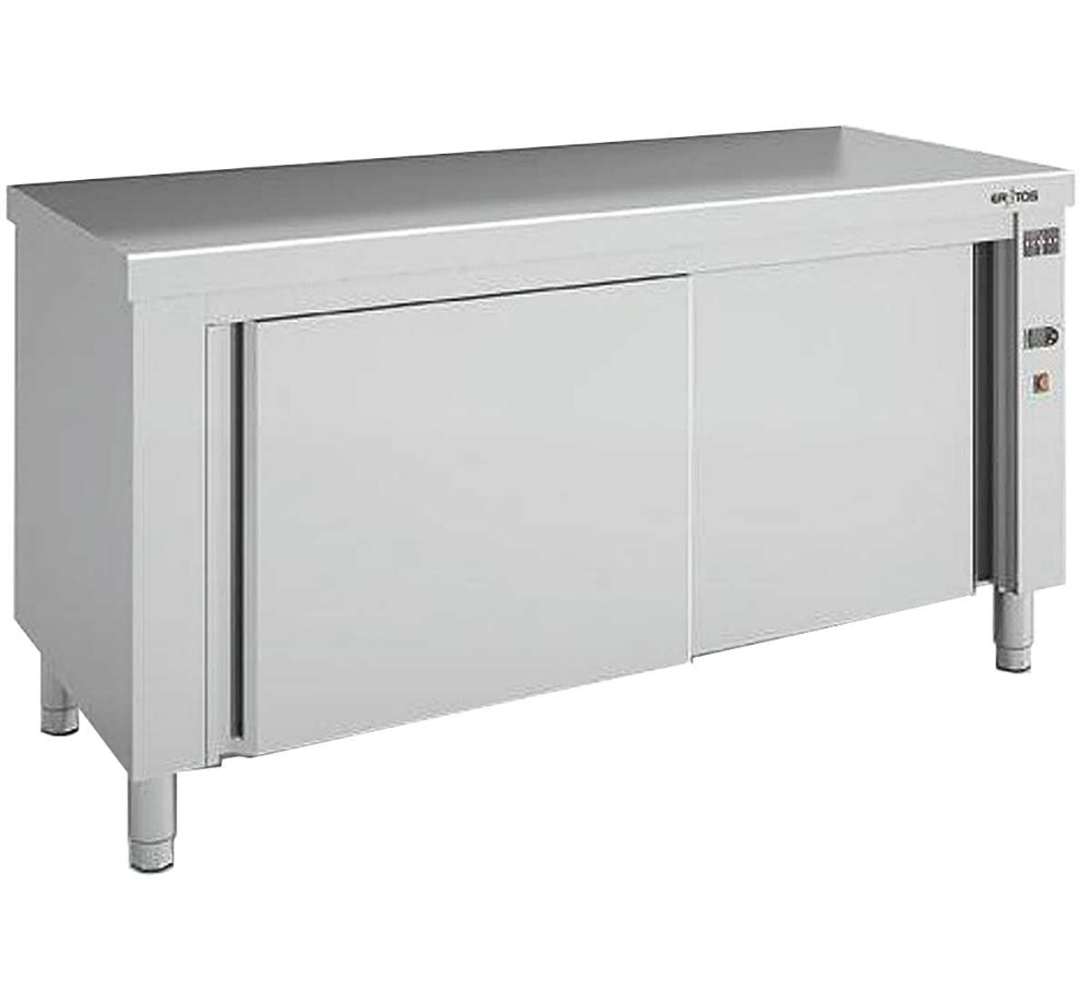 Mesa caliente MCA60-120C de 1200 mm, ideal para mantener la temperatura de platos en restaurantes, buffets y caterings. Construcción en acero inoxidable con puertas correderas y estantes interiores calefactados para hostelería profesional.
