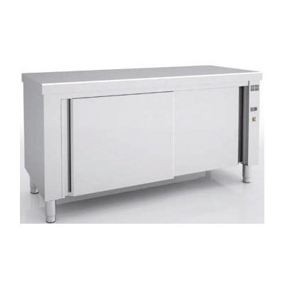 Mesa caliente MCA70-120C profesional de 1200 mm de fondo, ideal para mantener a temperatura platos y bandejas en restaurantes, servicios de catering y buffets. Construcción robusta en acero inoxidable con puertas correderas y estantes calefactados, perfecta para cocinas de hostelería de alto rendimiento.