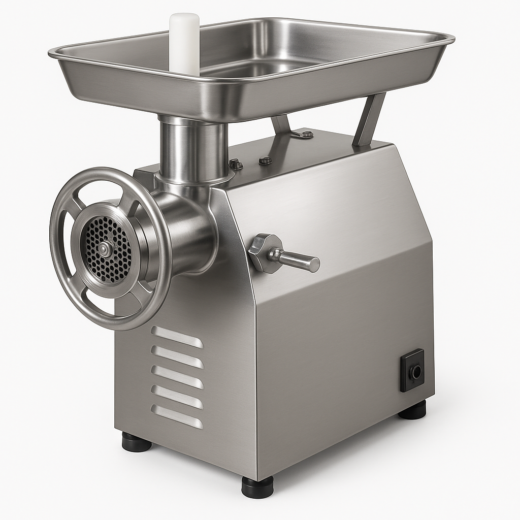 Picadora de carne MG-32-SS de acero inoxidable, diseño robusto y profesional, ideal para procesar grandes cantidades de carne en cocinas comerciales.