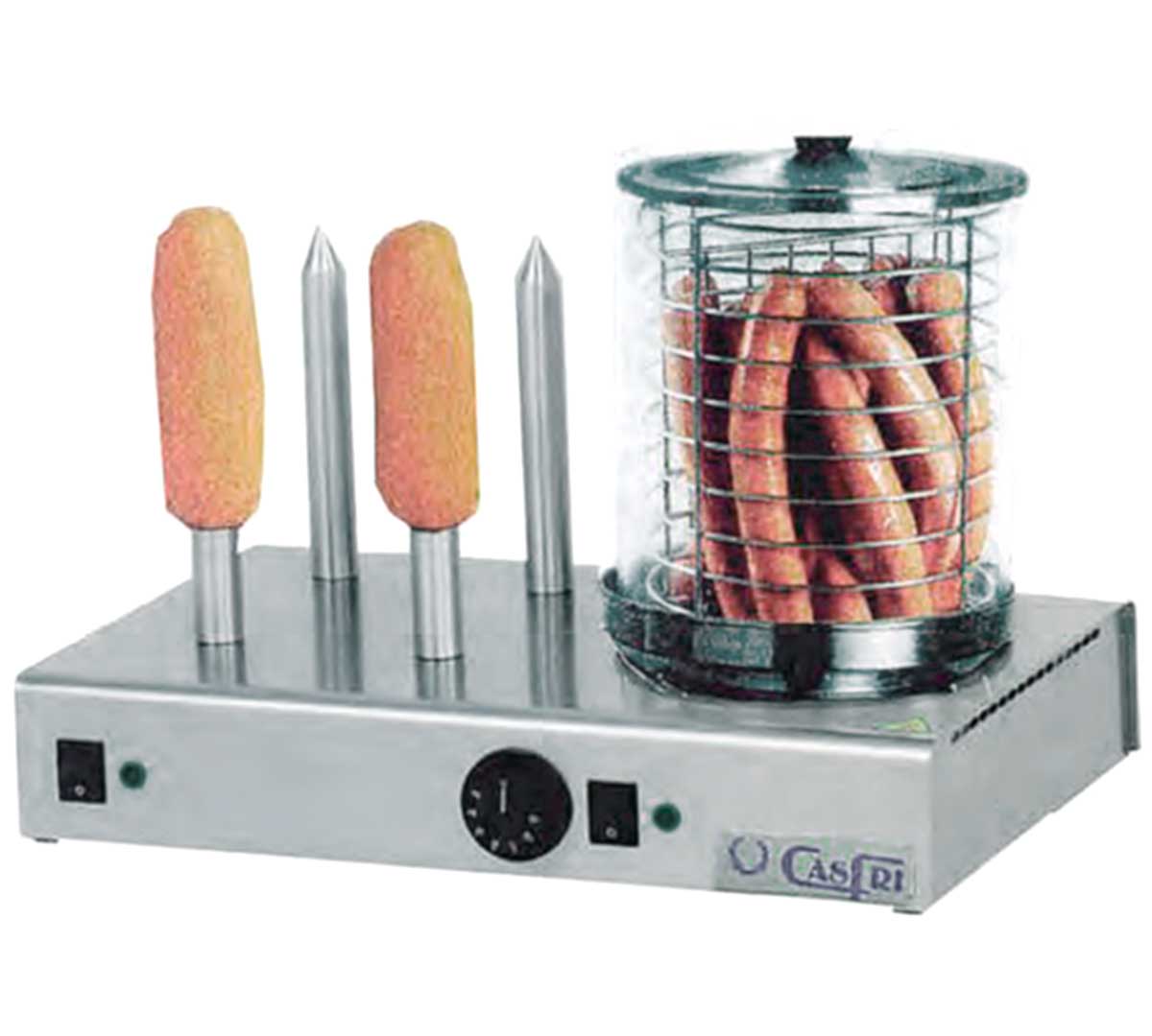 Maquina perritos calientes Casfri modelo RG-4-TW fabricada en acero inoxidable con cuatro barras verticales, alta durabilidad. Cuecesalchicas vapor. 700W. Ideal para pequeños negocios