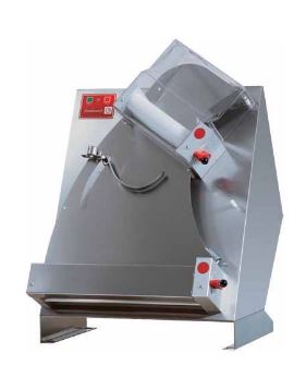 Laminadora para masa de pizza RM-32-A de acero inoxidable, diseño profesional y compacto, ideal para estirar masa de pizza de forma rápida y uniforme en cocinas comerciales.