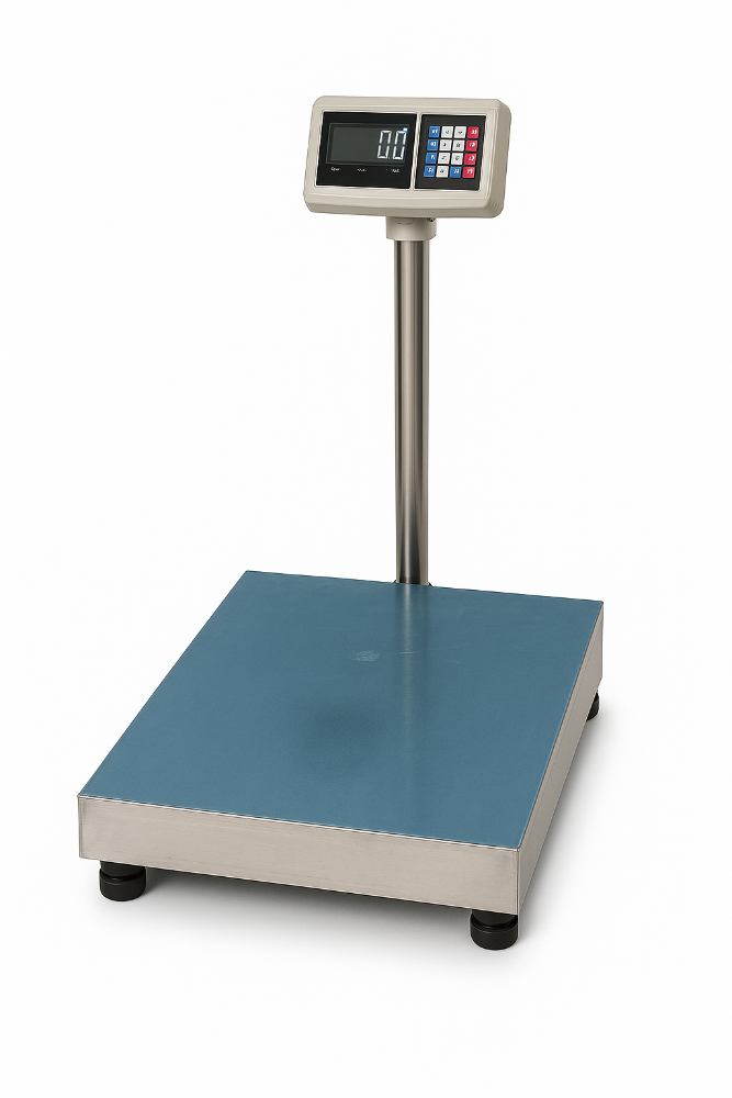 Báscula monocélula TCS-60 de plataforma, estructura robusta en acero inoxidable y pantalla digital, ideal para pesar grandes volúmenes en entornos industriales o comerciales.