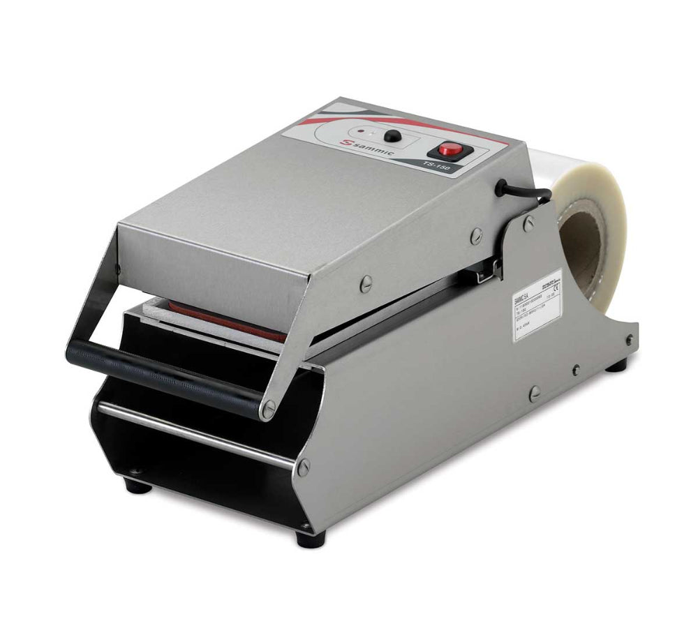 Termoselladora TS-150 SAMMIC de acero inoxidable, diseño compacto y profesional, ideal para sellar bandejas de alimentos de forma rápida y segura en cocinas comerciales.