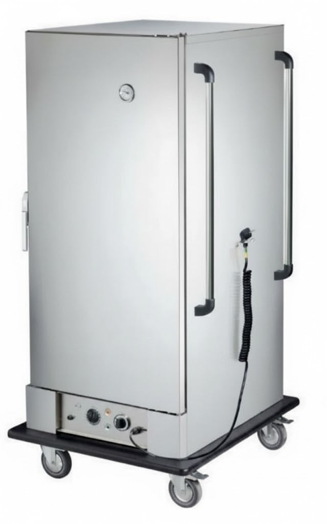 Carro Caliente Casfri BQ1N con calentamiento por agua (baño maría), equipado con ruedas para transporte y un estante superior, ideal para mantener la temperatura de los alimentos en servicios de hostelería