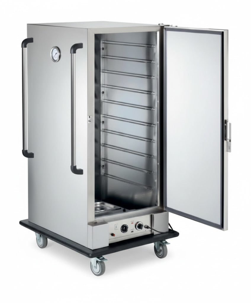 Carro Caliente Casfri BQ1N con calentamiento por agua (baño maría), equipado con ruedas para transporte y un estante superior, ideal para mantener la temperatura de los alimentos en servicios de hostelería