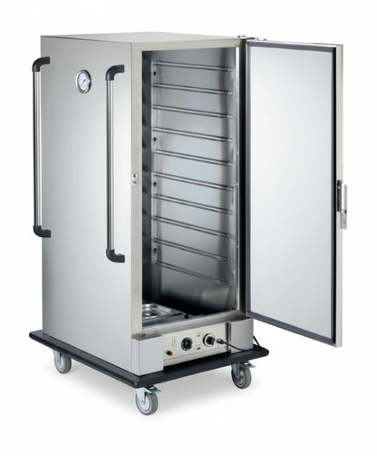 Carro Caliente Casfri BQ1N con calentamiento por agua (baño maría), equipado con ruedas para transporte y un estante superior, ideal para mantener la temperatura de los alimentos en servicios de hostelería