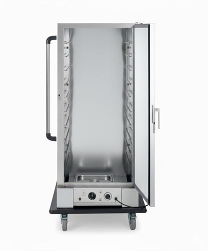 Carro Caliente Casfri BQ1N con calentamiento por agua (baño maría), equipado con ruedas para transporte y un estante superior, ideal para mantener la temperatura de los alimentos en servicios de hostelería