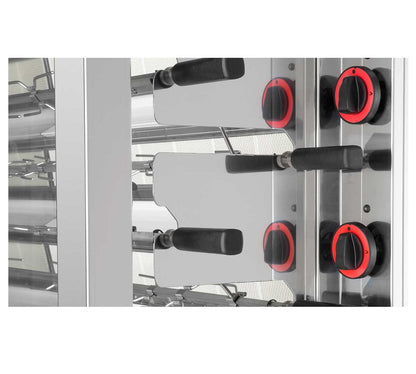 Asador de pollos eléctrico 840-EKO. Incluye 4 espadas para 24-28 pollos y bandeja recogegrasas. Diseño panorámico con puertas de cristal.