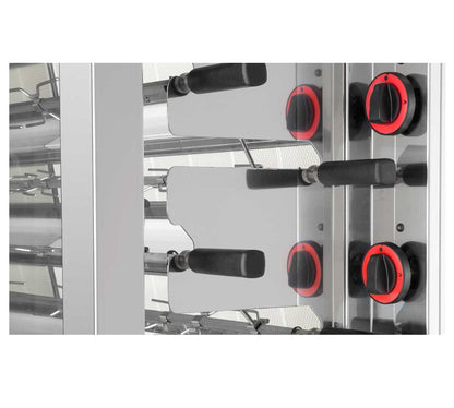 Asador de pollos profesional 630-EKO con capacidad para 30-36 pollos, ideal para hostelería y negocios de comida para llevar. Alta eficiencia energética y fácil limpieza.