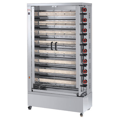 Asador de pollos eléctrico 840-EKO. Incluye 4 espadas para 24-28 pollos y bandeja recogegrasas. Diseño panorámico con puertas de cristal.