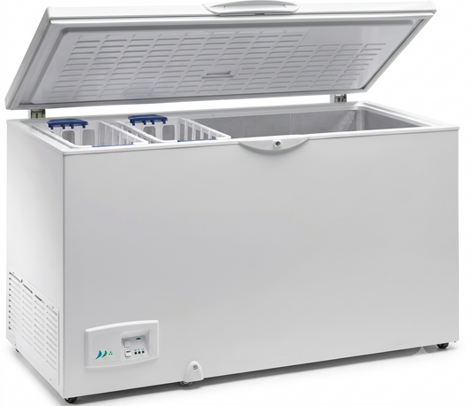 Arcón congelador horizontal Casfri, modelo COH-570, en color blanco y con la tapa abierta. El interior muestra dos cestas de alambre colgantes con detalles en azul y un amplio espacio de almacenamiento. En la esquina inferior izquierda del exterior se aprecia el panel de control analógico con indicadores luminosos.