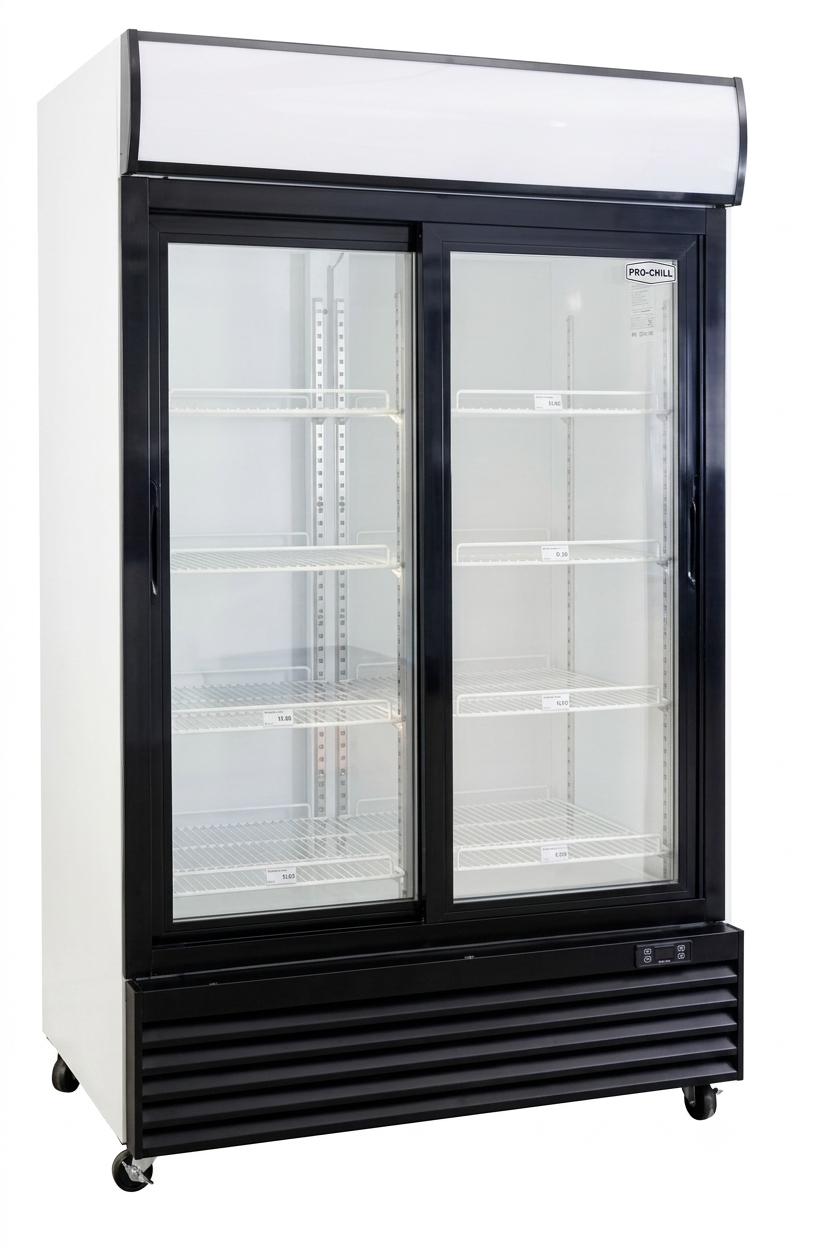 Armario expositor refrigerado comercial Pro-Chill con dos puertas correderas de cristal, marquesina superior blanca y chasis en color blanco y negro con ruedas.