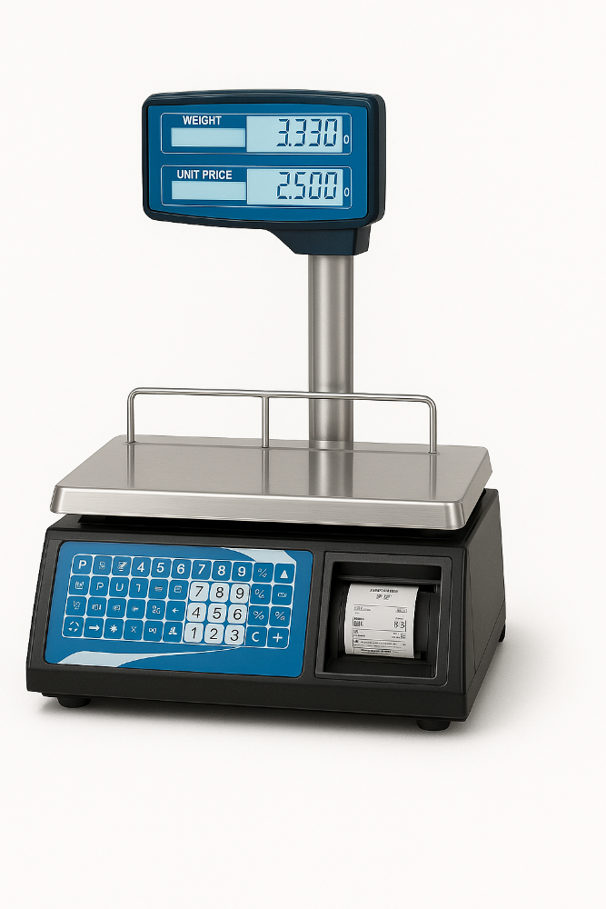 Balanza impresora BM-471-V CASFRI de plataforma, estructura robusta en acero inoxidable, pantalla digital y función de impresión de tickets, ideal para pesar y etiquetar productos en comercios y entornos industriales.