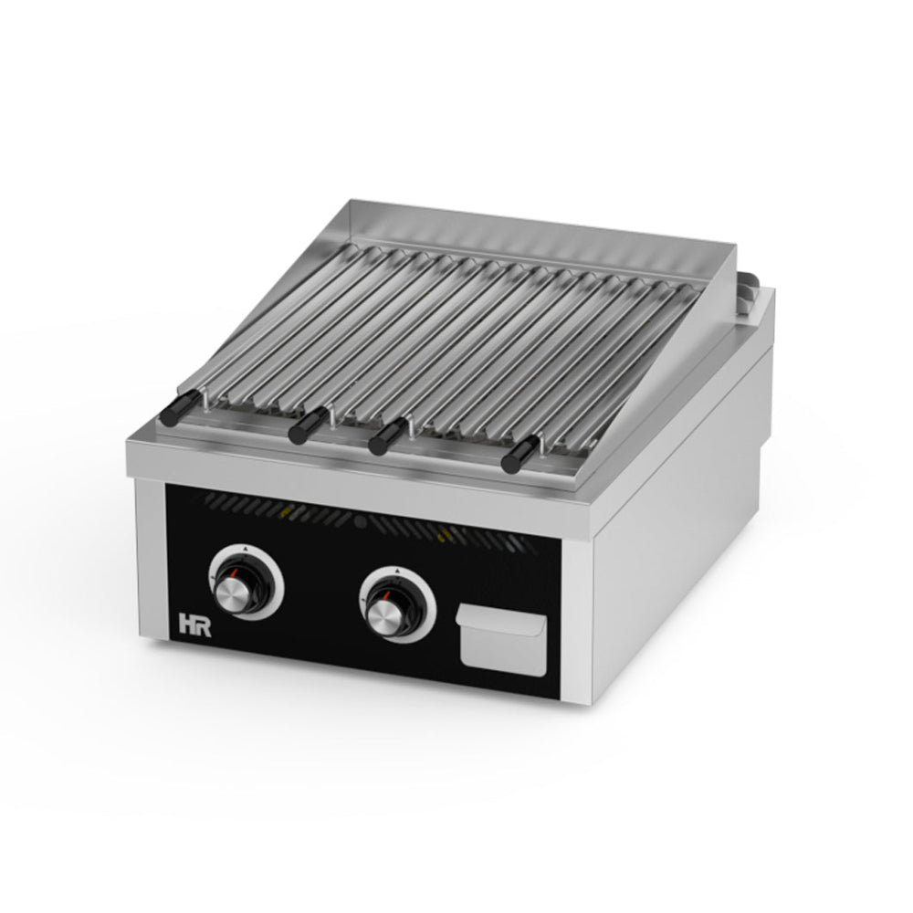 Barbacoa de sobremesa 600 compacta y profesional, ideal para cocinar a la brasa con carbón o leña en espacios reducidos de hostelería, como bares o terrazas pequeñas. Fabricada en acero resistente para uso intensivo.