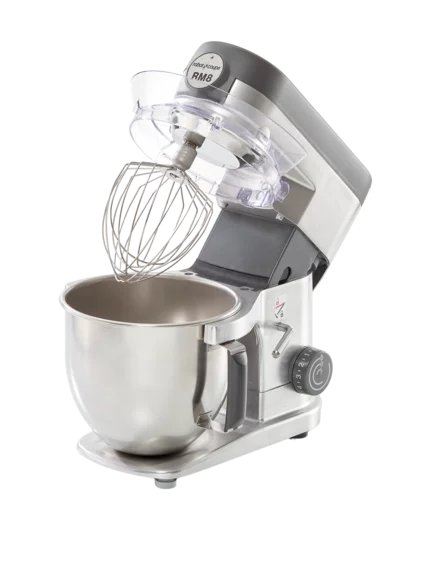 Batidora amasadora profesional Robot Coupe RM-8 de acero inoxidable, con bol de gran capacidad, tapa antisalpicaduras y selector de velocidad.