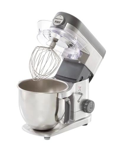 Batidora amasadora profesional Robot Coupe RM-8 de acero inoxidable, con bol de gran capacidad, tapa antisalpicaduras y selector de velocidad.