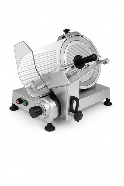 Cortadora de fiambre profesional aluminio estampado Casfri modelo CF-220-ES cuchilla cromada transmision por correa. Ideal para negocios de hosteleria