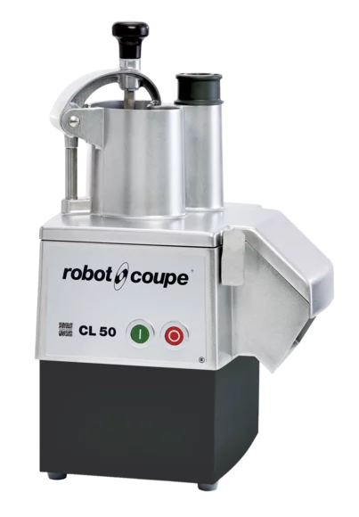Robot Coupe CL-50 1V: Cortahortalizas industrial de 1 velocidad (375 rpm) para hostelería, capaz de procesar hasta 250 kg/h con tolva de gran capacidad.