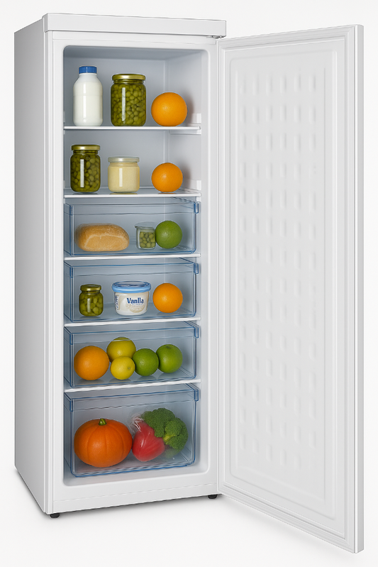 Congelador vertical CV 44 A+ compacto y eficiente, ideal para espacios pequeños, con calificación energética A+ para un bajo consumo.