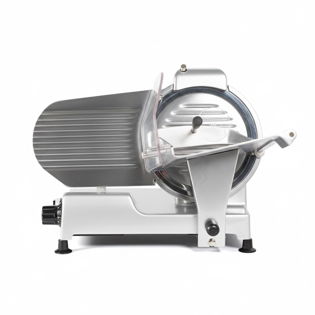 Cortadora de fiambre Sammic GSS-250, ideal para uso en carnicerías, charcuterías o cocinas profesionales. Se aprecia su diseño robusto y ergonómico.