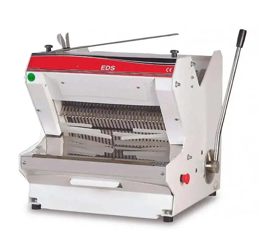 Cortador de pan de sobremesa EDS-3 de acero inoxidable, diseño compacto y robusto, ideal para cortar rebanadas uniformes de pan en panaderías y cocinas comerciales.