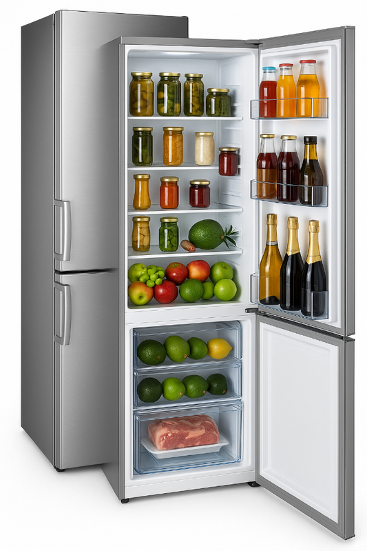 Combi frigorífico y congelador FCV-323 A+ INOX de diseño moderno, con acabado en acero inoxidable y eficiencia energética A+, ideal para cocinas contemporáneas.