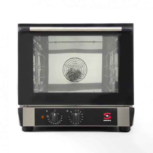 Horno de convección Sammic SX-43 profesional, con puerta de cristal abierta hacia abajo, mostrando el interior de acero inoxidable y el ventilador para la distribución del calor.