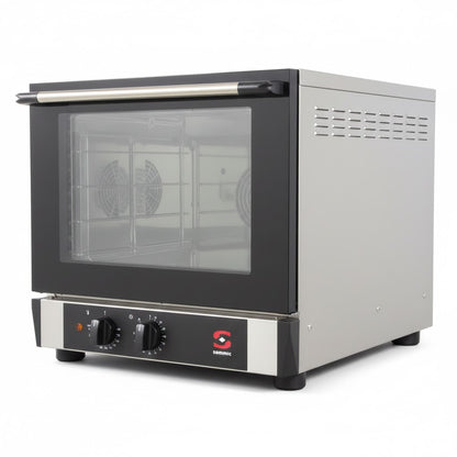 Horno de convección Sammic SX-43 profesional, con puerta de cristal abierta hacia abajo, mostrando el interior de acero inoxidable y el ventilador para la distribución del calor.