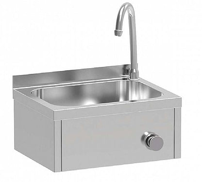 Lavamanos de pedal LM-43 profesional en acero inoxidable, ideal para cocinas industriales, bares, restaurantes y entornos que requieren máxima higiene. Incluye grifo y válvula, diseñado para un uso sin contacto y fácil limpieza.