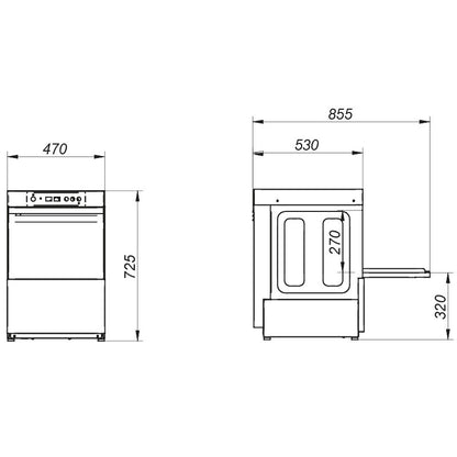 Lavavasos industrial Edenox AV-2100 S1 con cesta de 40x40 cm y altura útil de lavado de 27 cm, ideal para barras de bar y cafeterías.