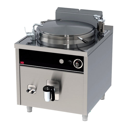 Marmita industrial basculante ME150L900EA de 150 litros, eléctrica, ideal para grandes cocinas de hostelería, colectividades y catering. Fabricada en acero inoxidable de alta calidad, perfecta para guisos, sopas y cocción a gran escala.