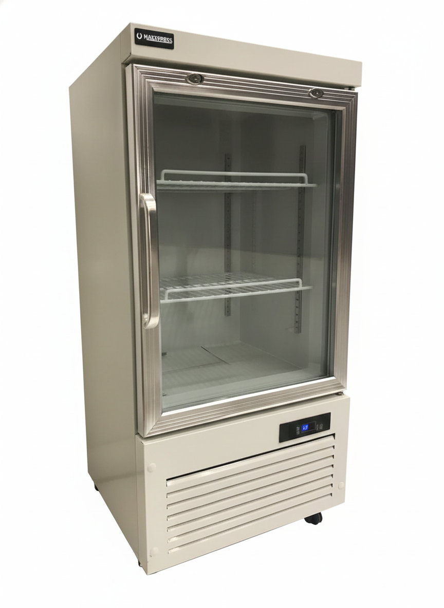 Vitrina expositora Casfri MB-105, minivitrina compacta para snacks y refrescos con iluminación LED y diseño moderno en color gris.