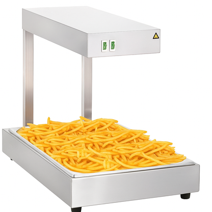 Mantenedor de fritos Casfri MFI con resistencia blindada. Vitrina de calor profesional para hostelería. Ideal para mantener patatas, croquetas y otros fritos calientes y en perfecto estado.